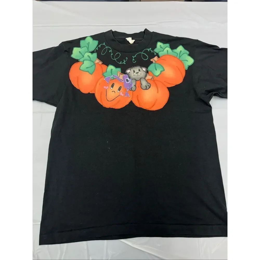 Vintage Dee’s Tees Handmade Halloween Pumpkins and Cat Short Sleeve Tee- Large